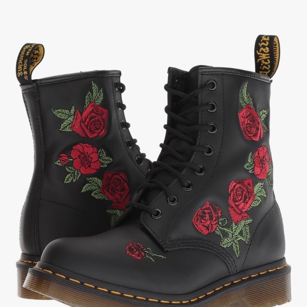 Dr. Martens Black Leather Lace-Up Boots with Red Rose Embroidery used one time